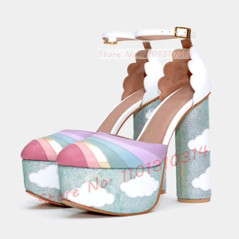 Multicolor Straps Platform Sandals Women Sweet Cloud Decals High Block Heels Shoes Girl\'s Party Open Toe Summer Rainbow Shoes