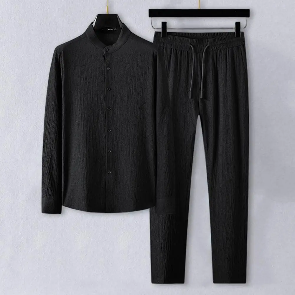 Two Piece Set Autumn Men Top Pants Pleated Solid Color Stand Collar Single Breasted Relaxed Fit Shirt Trousers Streetwear