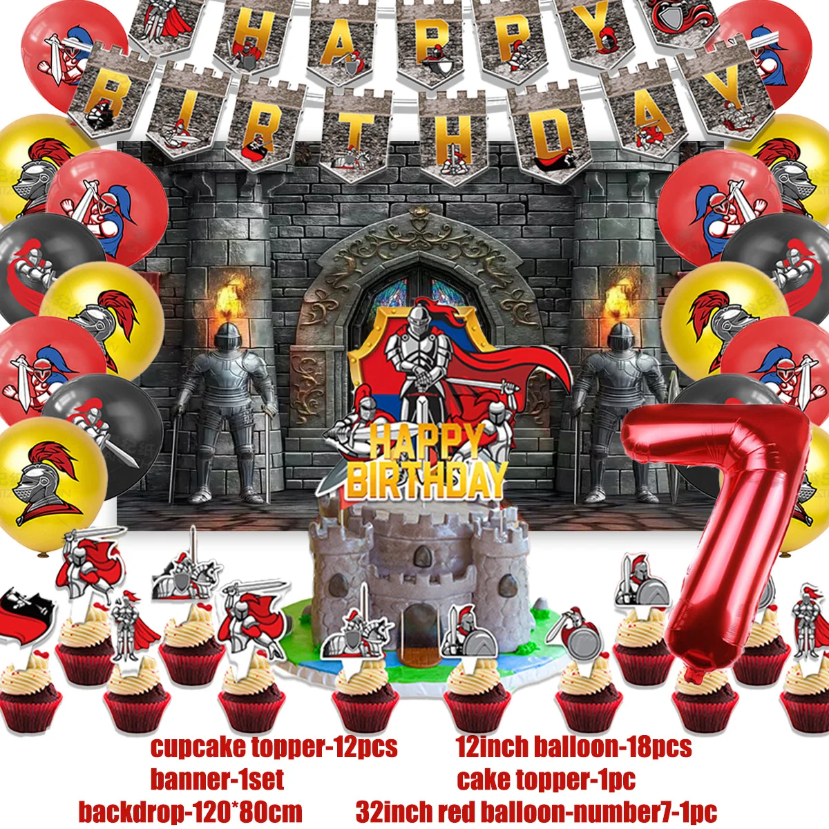 Medieval Armored Knight Theme Birthday Party Decoration Middle Ages Castle Backdrop Banner Balloon Cake Topper Banner Kids Boys
