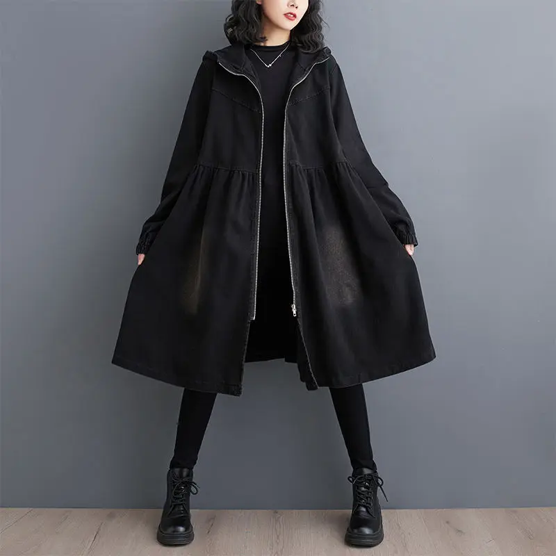 Vintage Wash Soft Denim Windbreaker Women New Spring and Autumn Hooded Long Trench Coat Ladies Loose Casual Overcoat