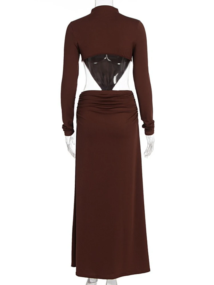 SsTss Abito lungo senza schienale con cut-out Abito da donna sexy con colletto alla coreana a maniche lunghe increspato Abito da sera Autunno 2025 Abbigliamento alla moda