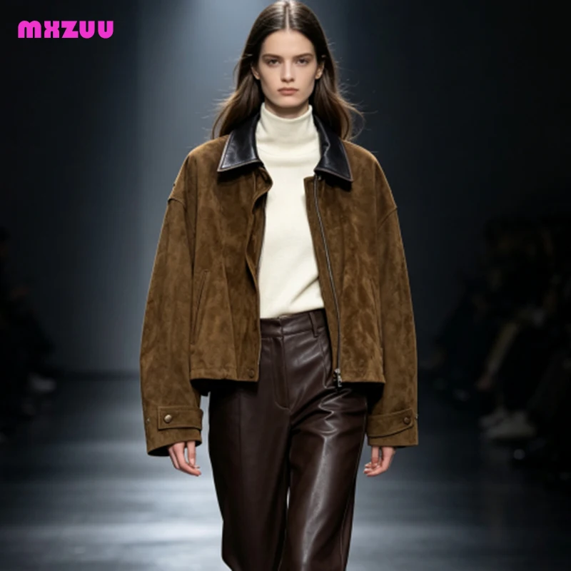 Genuine Suede Jacket Autumn Women Fashion Lapel Pockets Drawstring Slim Loose Sheepskin Coat Naturalna Skórzana Kurtka Damska