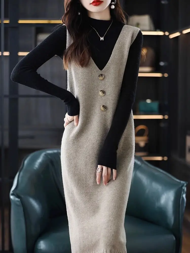 Medium to Long Vest Dress Women's New Autumn and Winter Vest Skirt Loose Knit Sleeveless V-neck Fur Dress Versatile