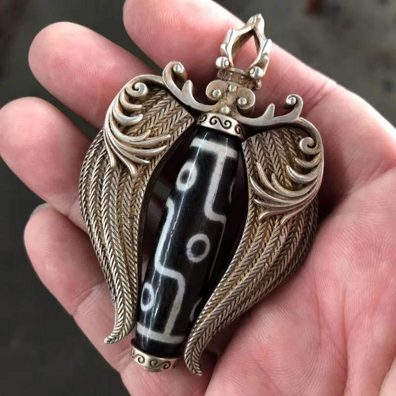 Miscellaneous White Copper Silver-Plated Great Peng Bird Inlaid Nine-Eyed Dzi Bead Pendant Jewelry