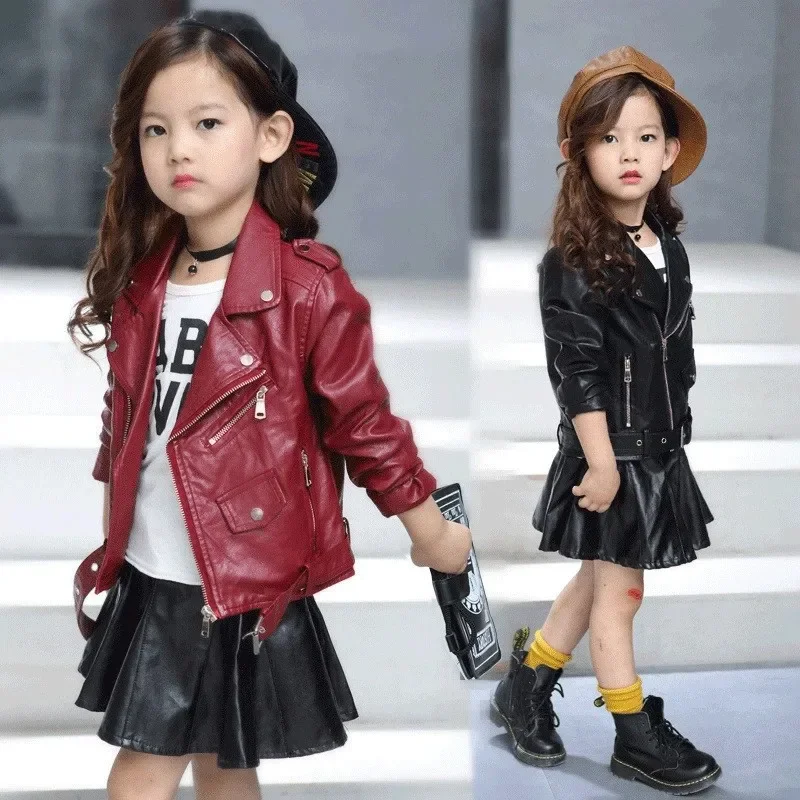 

4-13 Years Spring Autumn Kids Faux Leather Jackets For Girls Baby PU Coats Fashion Zip Belt Child Short Outwear