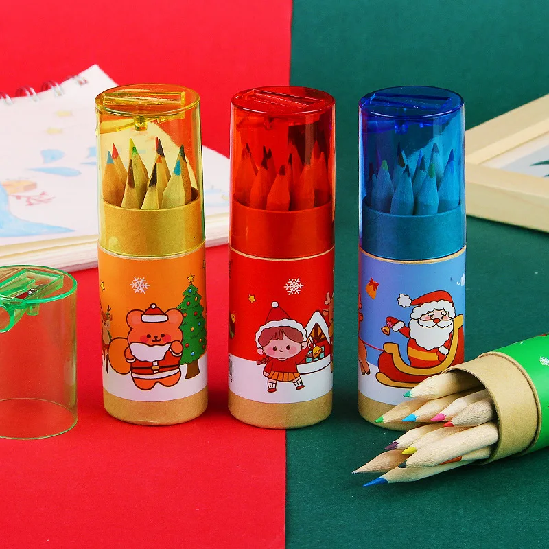 12 Colors Barrel Cartoon Colored Pencils Set Elementary School Drawing Christmas Gift