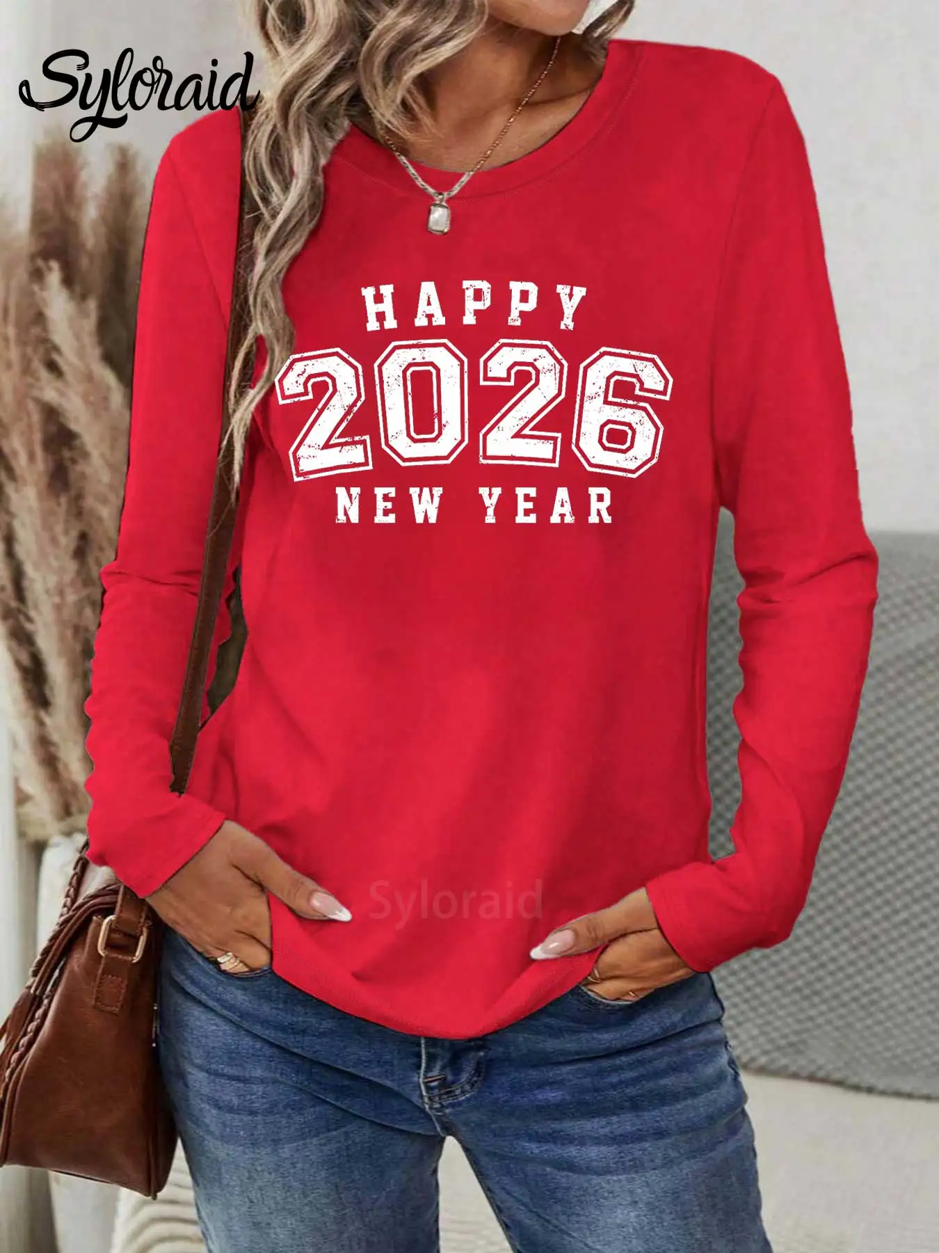 여성용 긴 소매 티셔츠 '새해 복 많이 받으세요 2026' 프린트 티셔츠 패션 라운드 넥 캐주얼 탑
