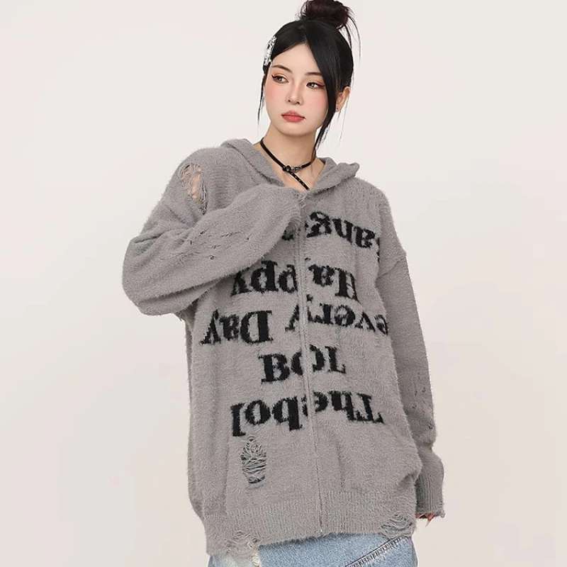 Hooded Cardigan Women Baggy Vintage Ripped Design Soft Letter Warm Knitted Zip-up Outwear All-match Girls Daily Korean Fashion