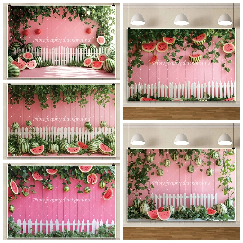 

Summer Fruit Watermelon Backdrop Pink Wall Green Leave White Fence Birthday Party Cake Smash Photography Background Photocall