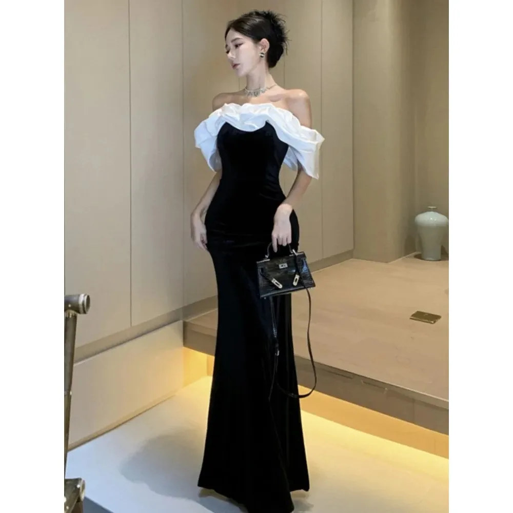 Women Sexy Off Shoulder Party Dress 2024 New Slim Waist French Patchwork Elegant Lady Maxi Fashion Solid A-line