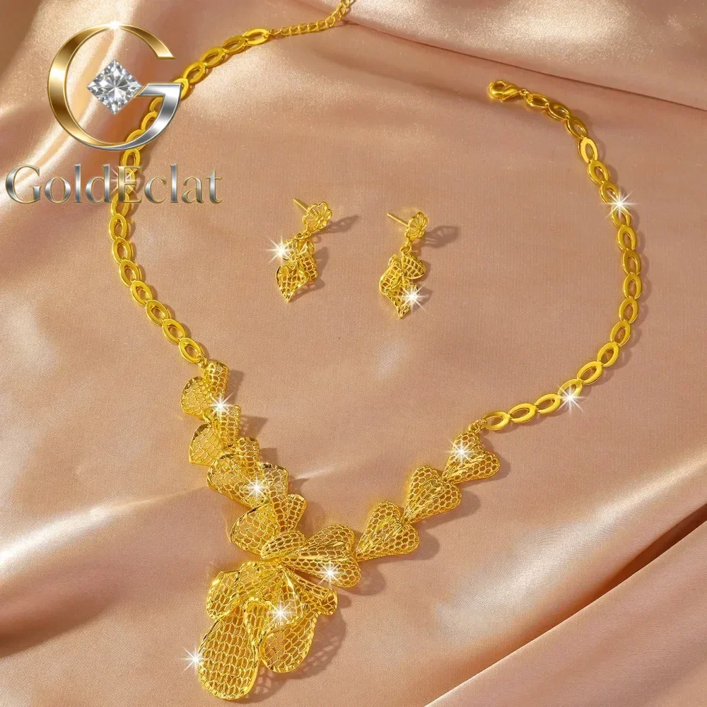 GoldEclat  Luxury 24K 9999 Pure Gold real gold Middle East Bride Unique Flower Necklace Earrings Set Chaingift