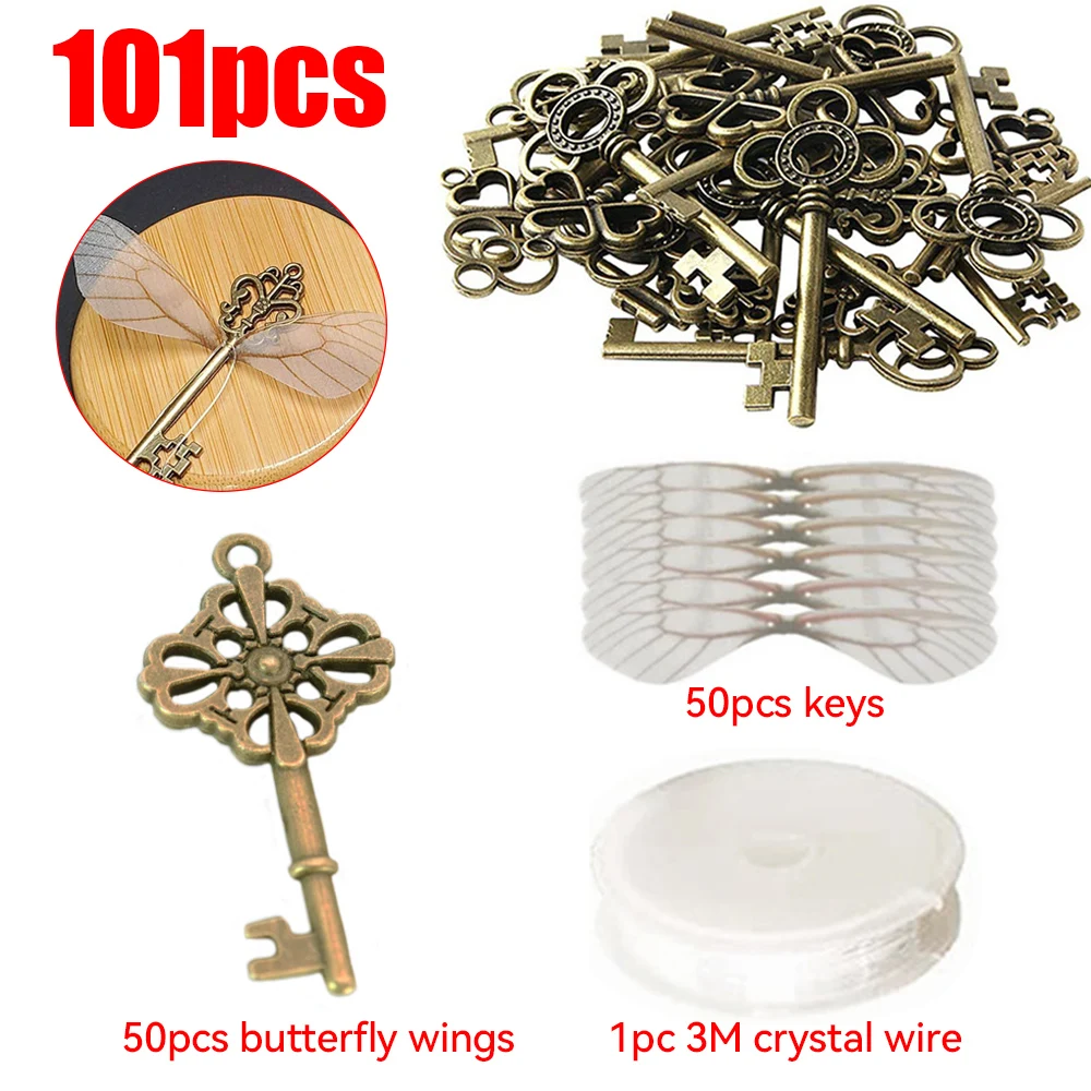 DIY Vintage Bronze Skeleton Keys Magic Flying Key Charms with Wings Hollow Keys Necklace Crafts Pendant for Party Decorations