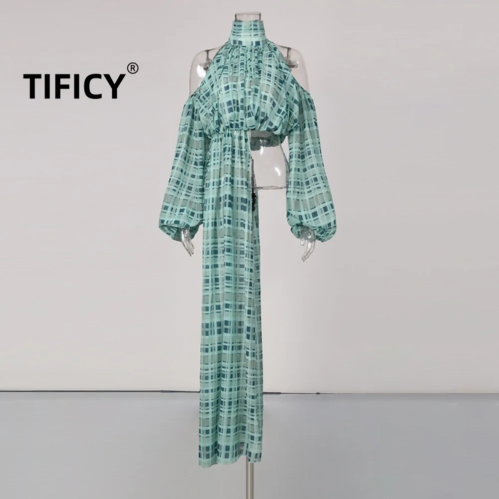 High Street Fashionable Shirt Women's New Style Hanging Neck Off Shoulder Straps Checkered Long Sleeved Chiffon Shirt