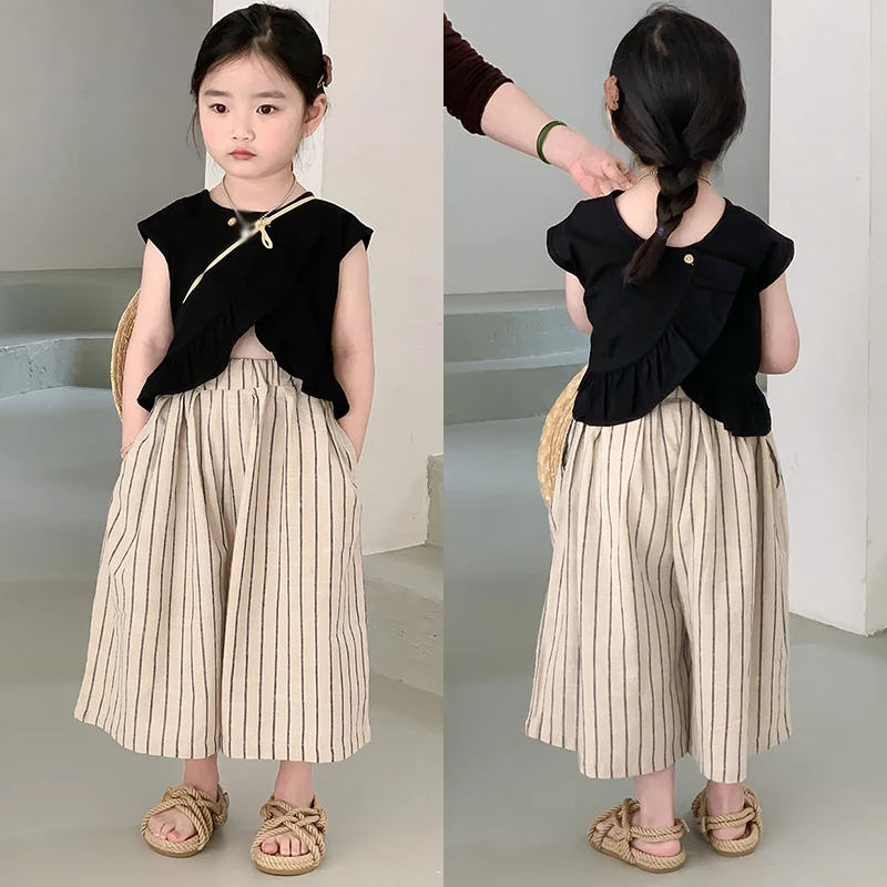 Girl's Clothing Sets 2023 Summer Korean Thin Sleeveless Pleats Girl Set Children Breathable Top+ Wide Leg Pants Two-piece Suit