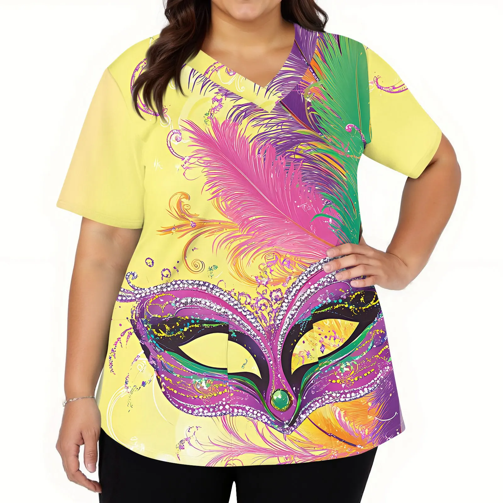 Ropa de trabajo de manga corta con cuello en V a la moda para mujer con bolsillo, uniforme de enfermera con estampado de carnaval, uniforme médico, uniforme clínico, S-5XL