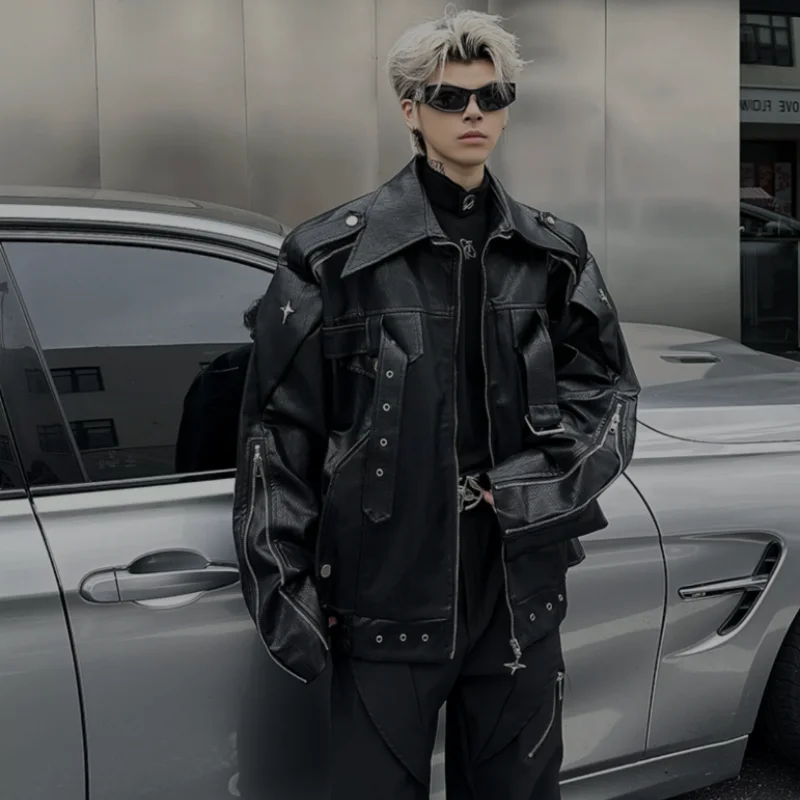 American style niche deconstructed PU leather jacket for men, autumn trendy style, loose design, rugged and cool, motorcycle jac