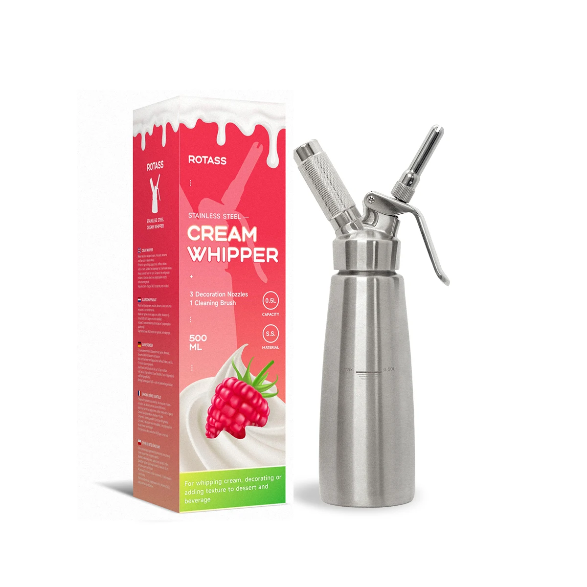Whipped Cream Dispenser Stainless Steel Canister Siphon with 3 Decorating Tips