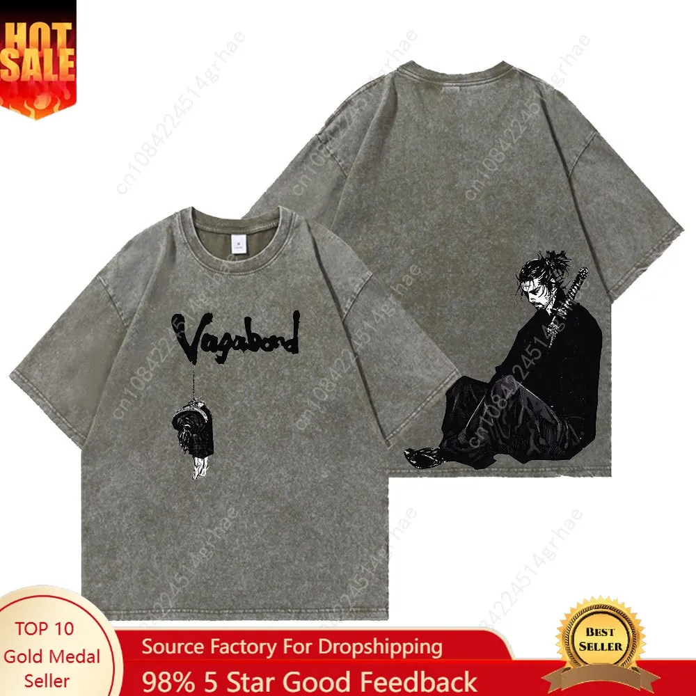 

2025 Anime Vagabond Tshirts Men Vintage Washed T Shirt Harajuku Oversize Cotton Tee Cotton Fashion Streetwear Unisex Top