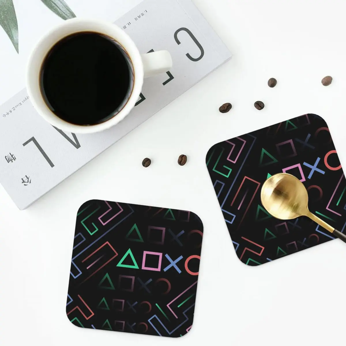 Digital Classic Gamer Icons Pop Art Coasters Leather Placemats Non-slip Insulation Coffee Mats Home Kitchen Dining Pads Set of 4