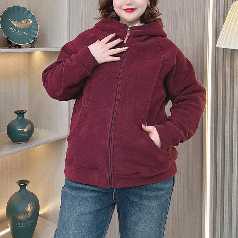 Plus Size Winter Double Sided Fleece Thicken Hoodie Cardigan Women Loose Warm Zipper Hooded Coat 7008