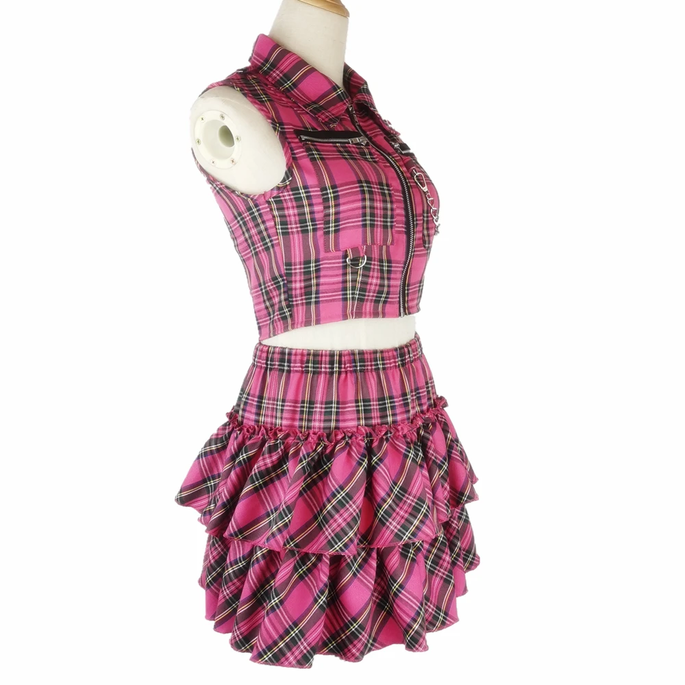 Zweiteiliges Set für Damen, Outfit 2025, Frühling, sexy, heißes Mädchen, Punk, Streetwear, schlankes Top und Party, Rüschen, Reißverschluss, kariertes kurzes Rock-Set