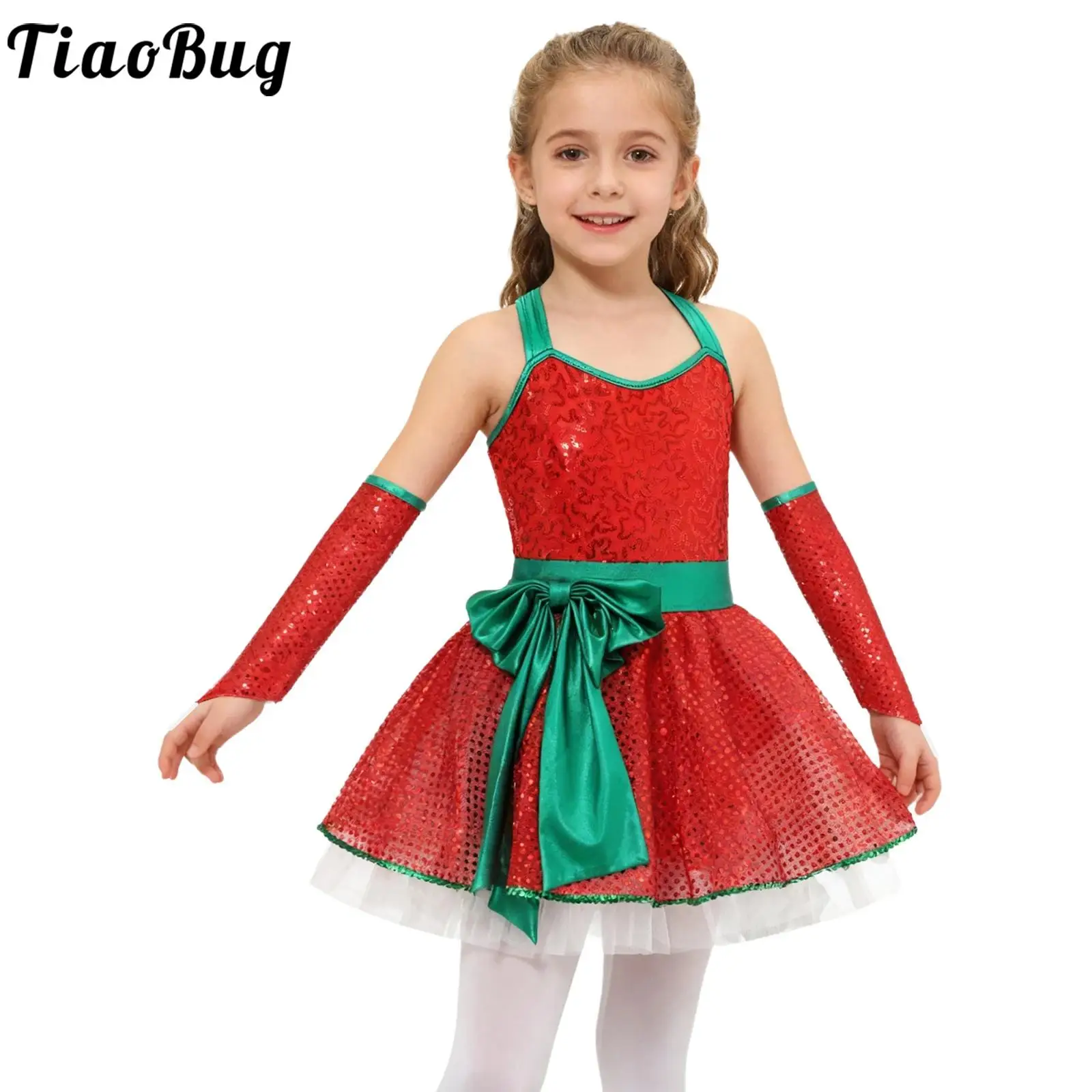 

Рождественское платье-пачка для балета и танцев для девочек, блестящий бант с блестками, гимнастический купальник для фигурного катания с рукавами для новогодней вечеринки