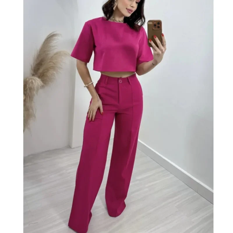 Solid Pants Sets Women Pullover Tops O Neck Matching Sets Full Length Straight Pants Pockets Loose Office Lady High Waist