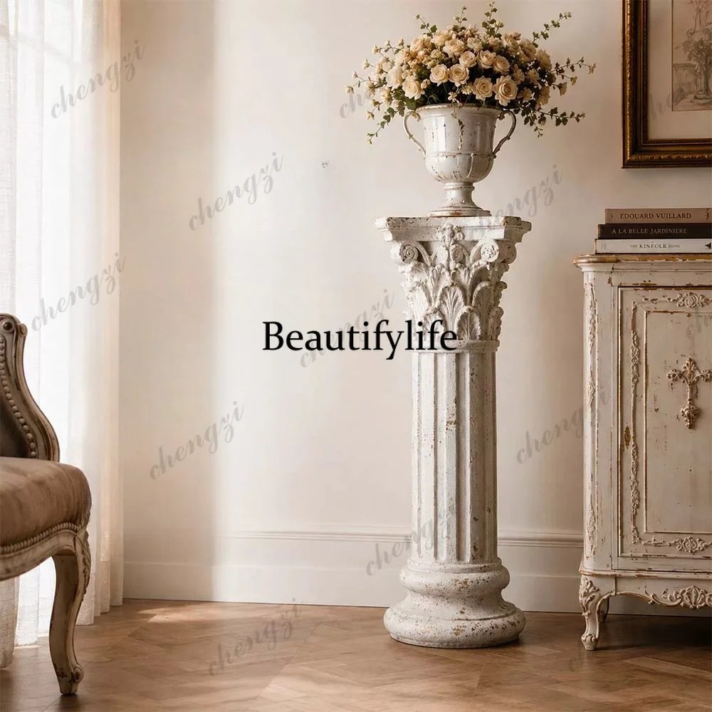 French retro flower stand, living room entrance floor ornament, carved column, folk flower table