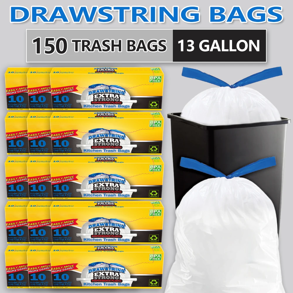 

Xtratuff Tall Kitchen Drawstring Trash Bags 13 Gallon Trash Bag 150 Count Garbage Bags BPA FREE White Strong Rubbish Bag