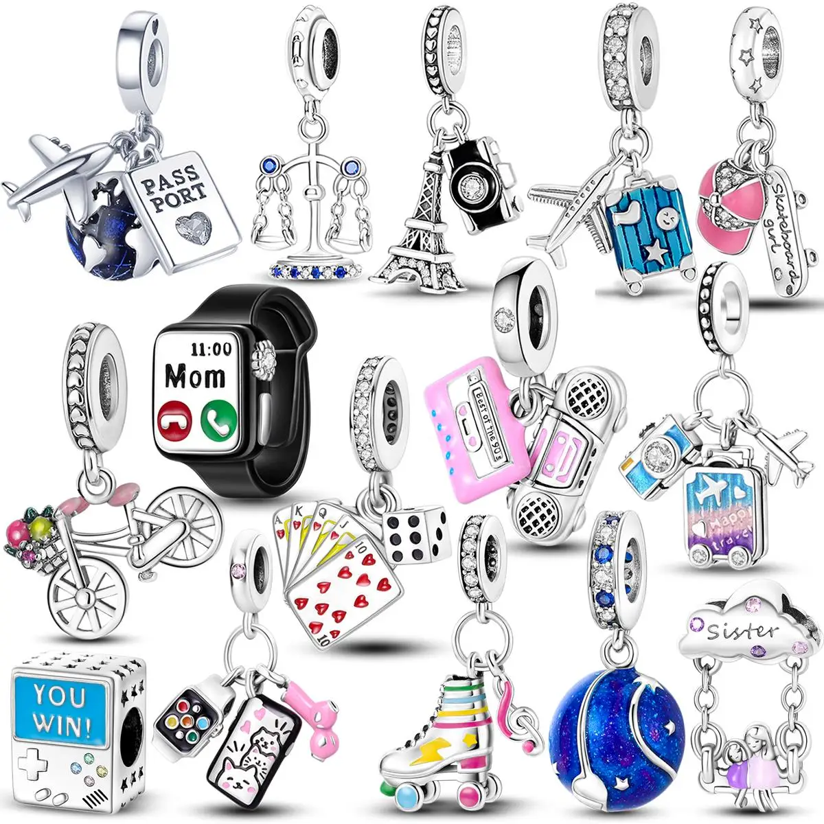 Silver Plated Funny Playable Charms Beads Smart Watch Tarot Bike Travel Dangle Fit Original Pandora Bracelet DIY Jewelry