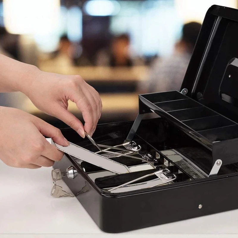 デイリーキャッシュボックス トレイとキーロック付き金属製キャッシュボックス、階層型ロックキャッシュボックス、耐久性のあるロック金庫、紙幣4枚、コインスロット5個付き