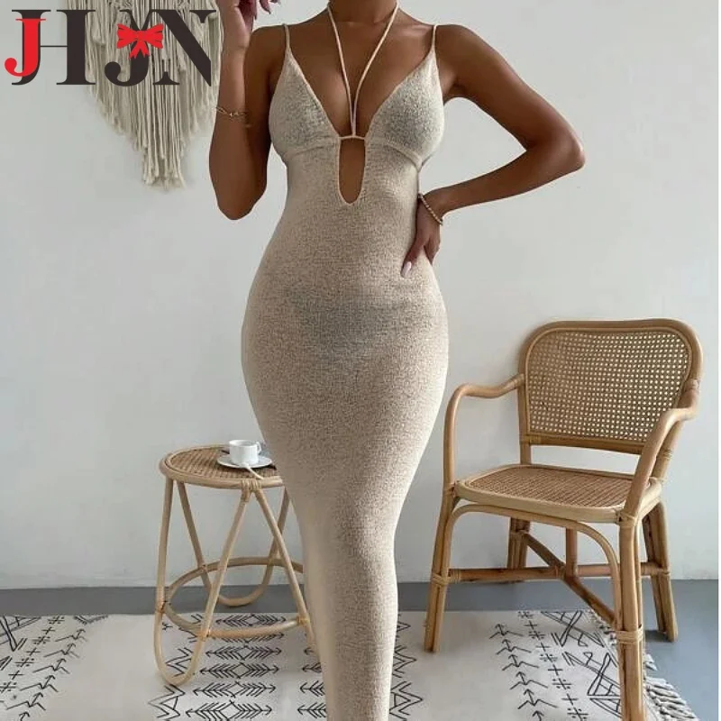 JHJN Sheer Woman Dress Grace Sexy Slim Fit Frock Fashion Khaki Vestido Bodycon Party Skirt Lace-Up V-Neck Backless Camisole Gown