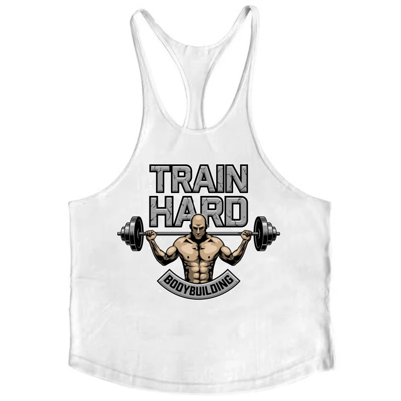 Men's Bodybuilding Stringer Vest - Train Hard & Barbell Print, Cotton Fabric, Y - Back Style, Perfect for Gym Workouts
