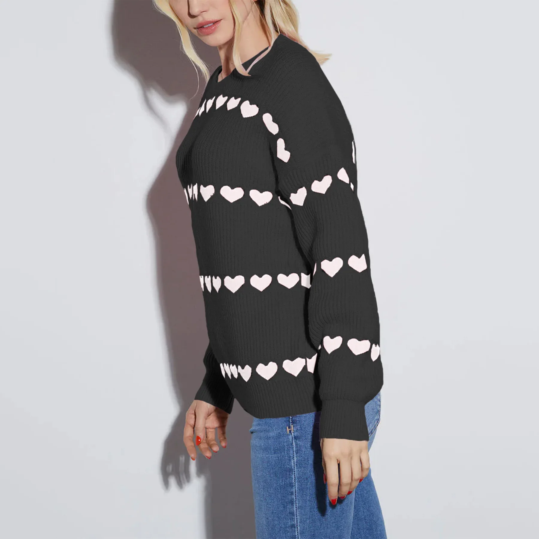 Autumn and Winter New Multi-heart Pattern Patchwork Jumper Knit Sweater, Women's Spell Color Loose Round Neck Knit Weater Y2k