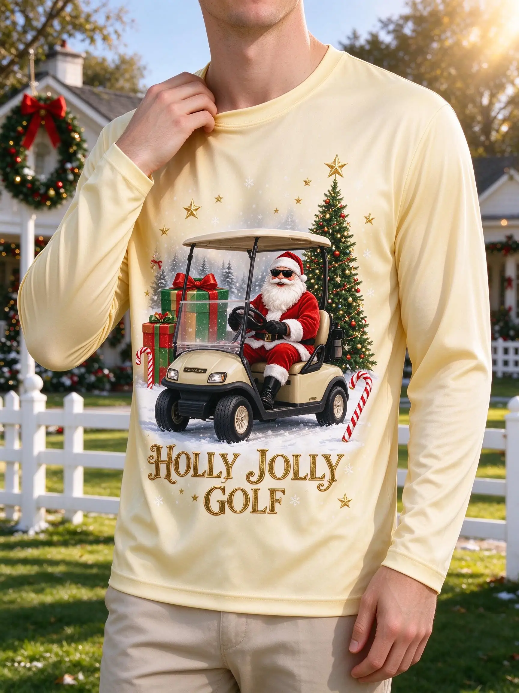 Men's Chilling Christmas Graphic Long Sleeve T-shirt, Husky Dog Snowmobile Aurora Snow Xmas Print Casual Holiday Tops Tee