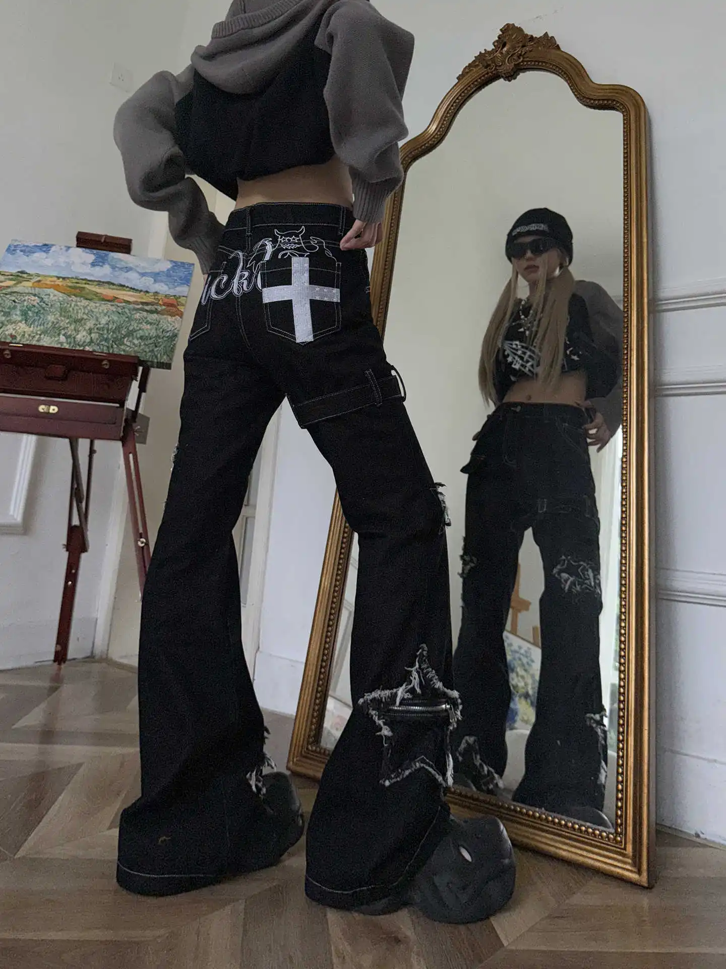 2025 Otoño Invierno mujeres Dark Academia Low Rise Flare Denim Cargo pantalones vaqueros ajustados Y2k pantalones vaqueros japoneses Harajuku Bell Bottom nuevo