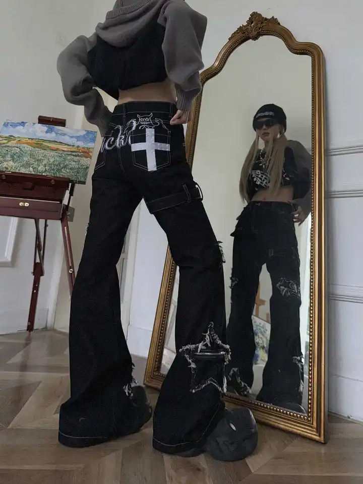 2025 Autumn Winter Women Dark Academia Low Rise Flare Denim Cargo