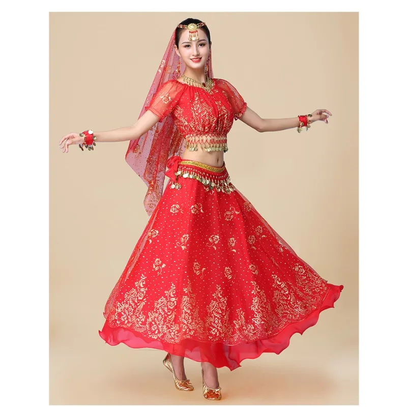 신상 성인용 신장 댄스 티안주 소녀 공연 의상 쉬폰 인도 민속 무용복 세트