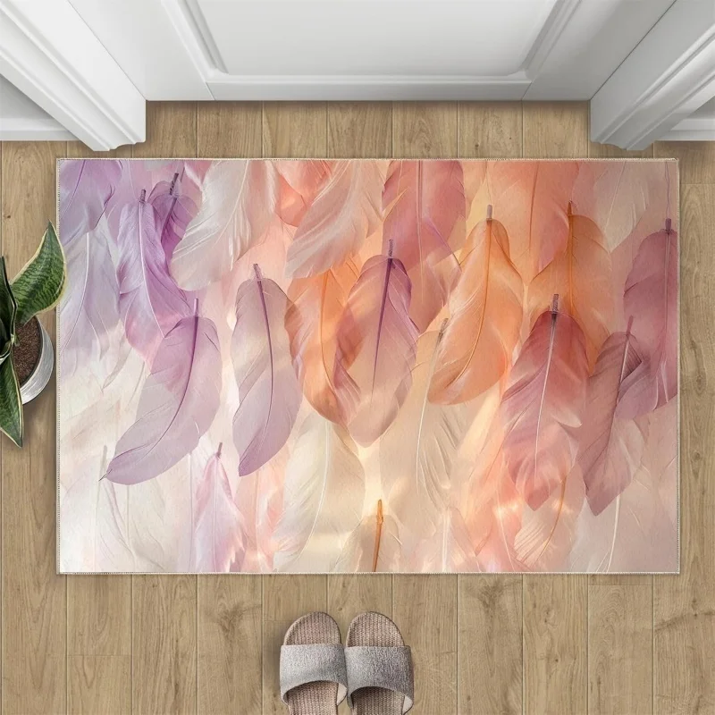 Gradient Feather Door Mat Non Slip Entrance Doormat Transparent Light Feather Texture Pattern Floor Rug for Front Door Bedroom