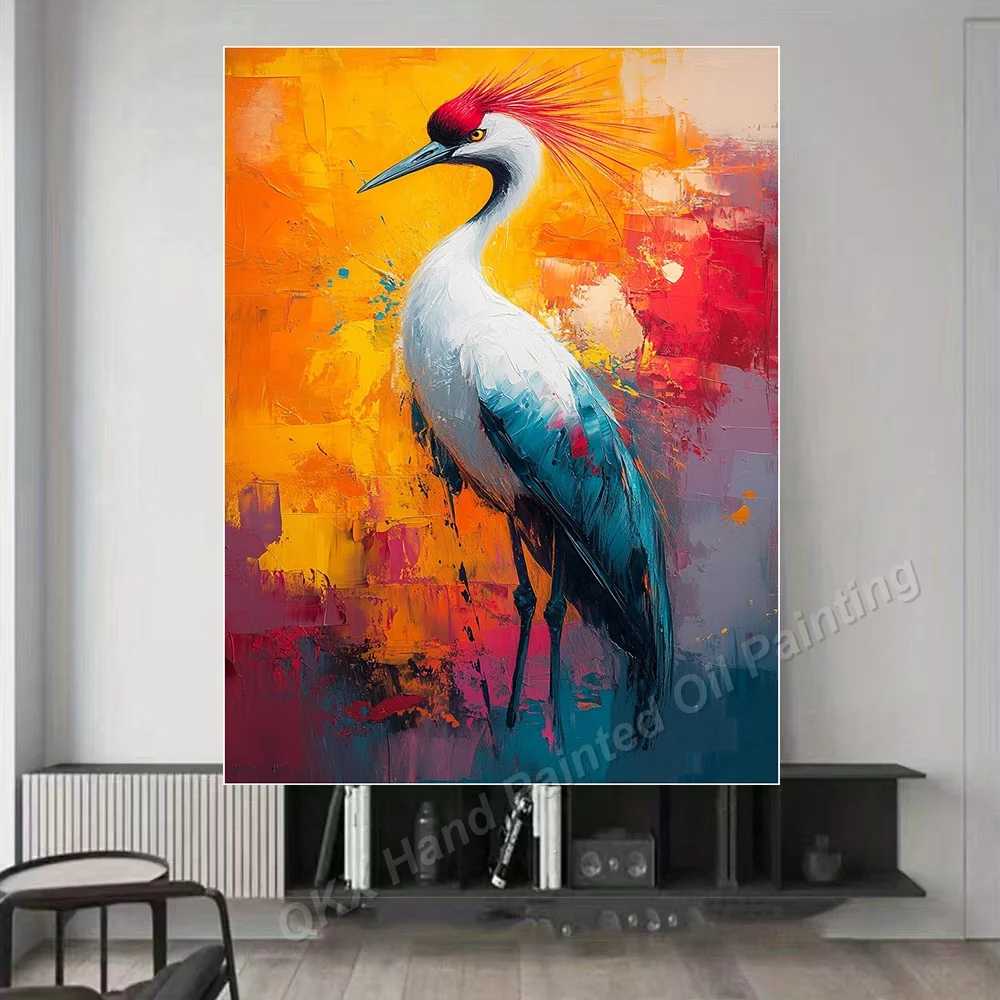 Hand-Painted Thick Impasto Oil Painting Red Crowned Crane Warm Tone Vertical Canvas Wall Art Decor for Living Room