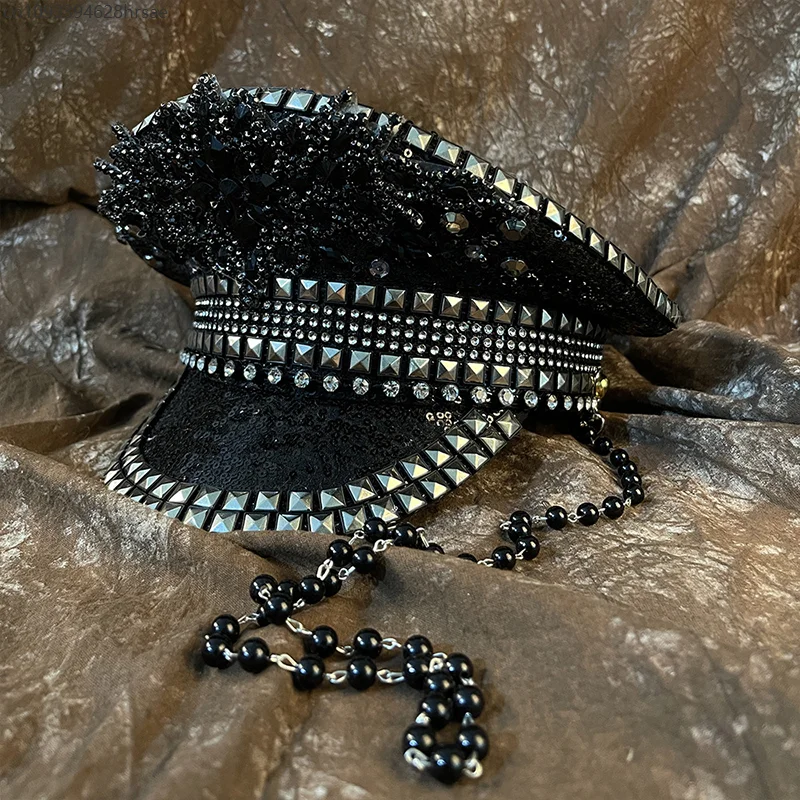 

Steampunk Women Military Hat Black Sequin Wedding Bride Bridal Captain Hat Sergeant Hat Luxury Rhinestone Festival Party Hat