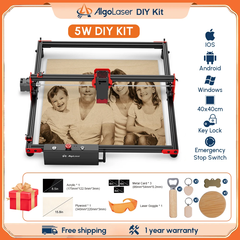 NEW Algolaser DIY 2-Axis CNC Engraving Machine Work Area 40*40cm 5W Laser Engraver With Emergency Stop For Cut Wood Carve Metal