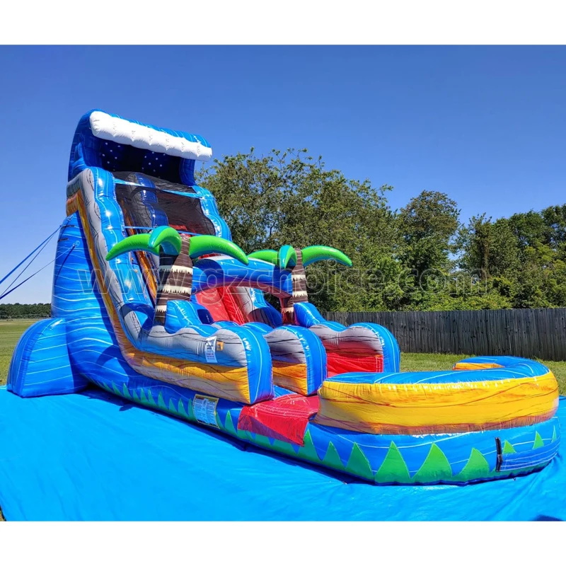 China Color Fabric Water Play Equipment Commercial Blue Tropical Reed Leaf Slide Adult Size Backyard Inflatable Pool Slide