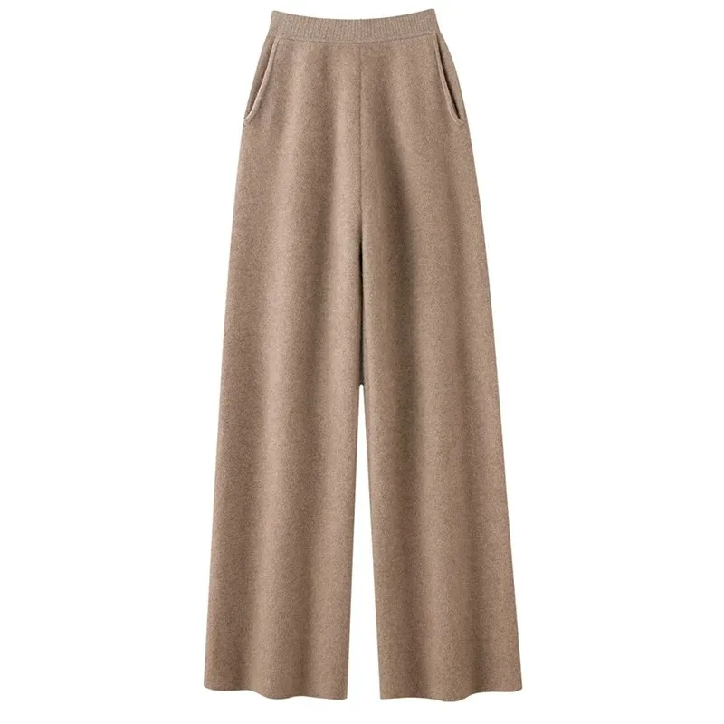 100%cashmere pants women's outerwear wide-leg pants high-waisted thickened warm cashmere knitted casual straight casual trousers