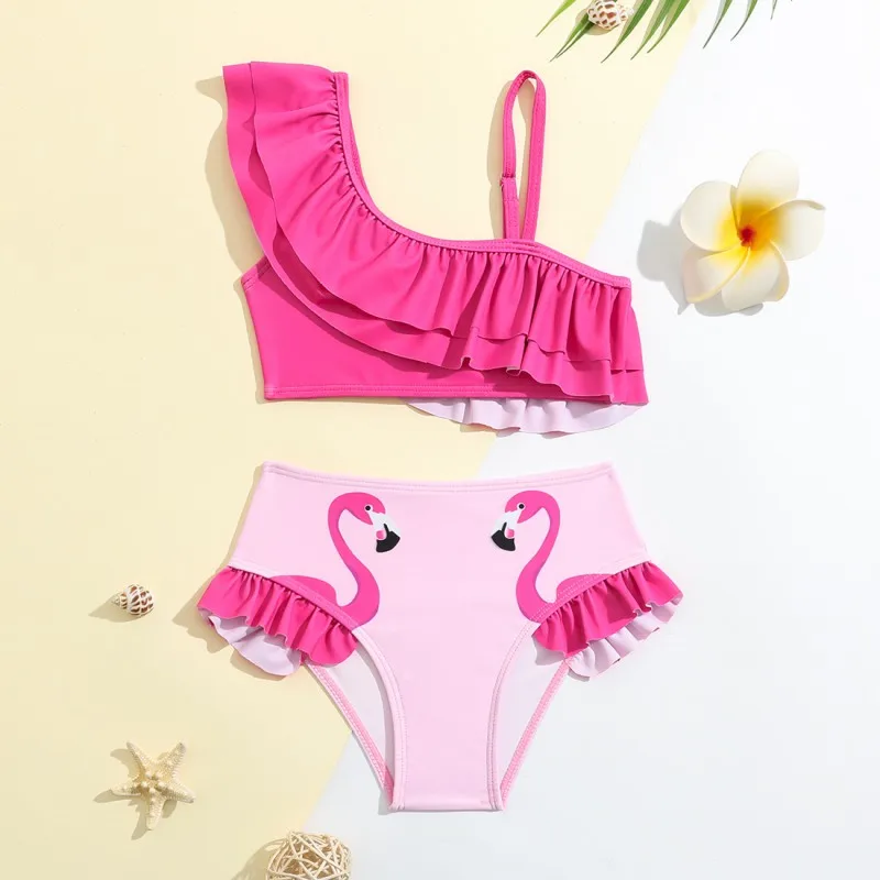 

2pcs Kids Swimwear Cute Flamingo Print Ruffles Decor Two-Piece Swimsuits Girls Fashion Bikini Set Bathing Suits Swimming Clothes