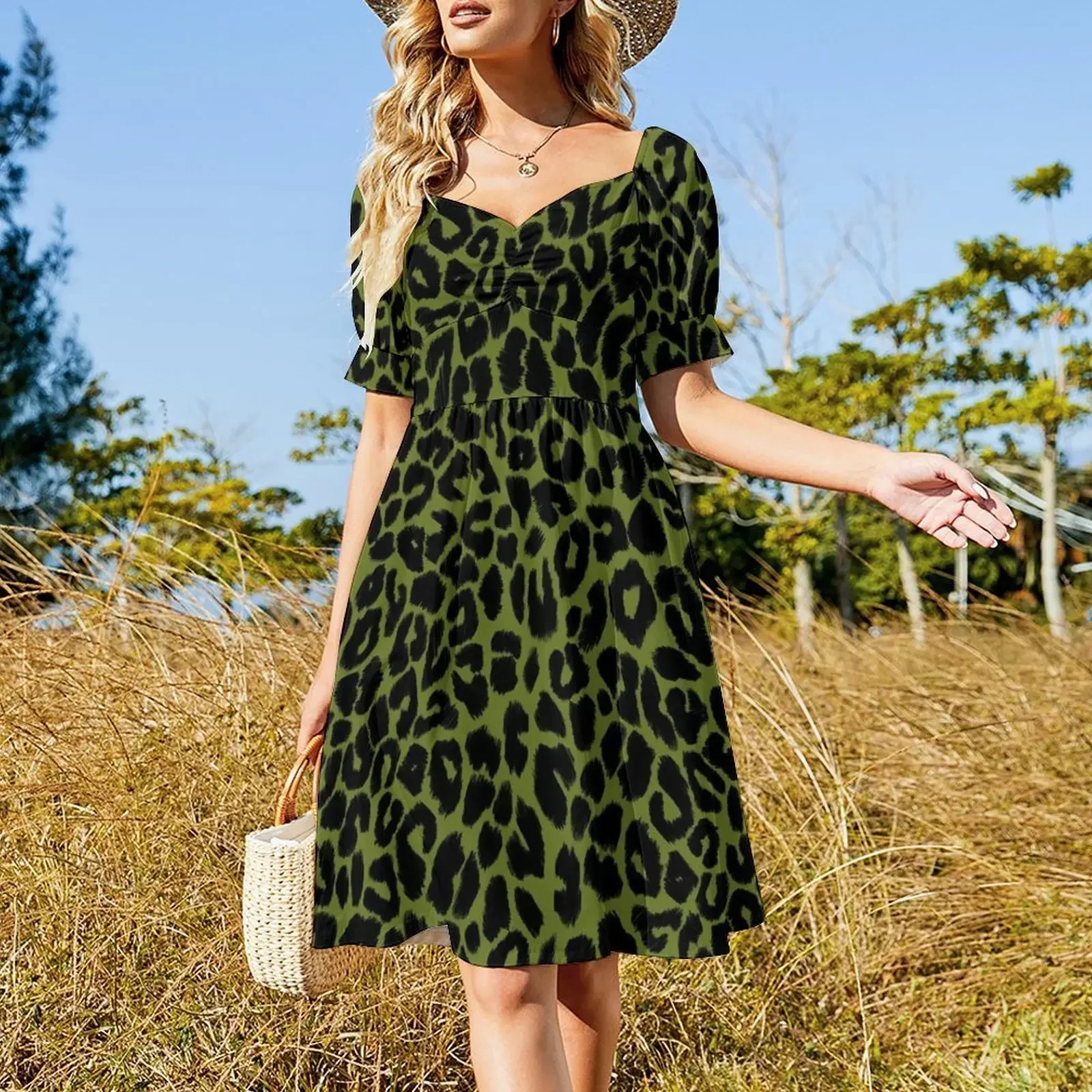 Leopard Print Pattern in Green and Black Sleeveless Dress luxury dress elegant women's dresses sale Woman clothing Dress