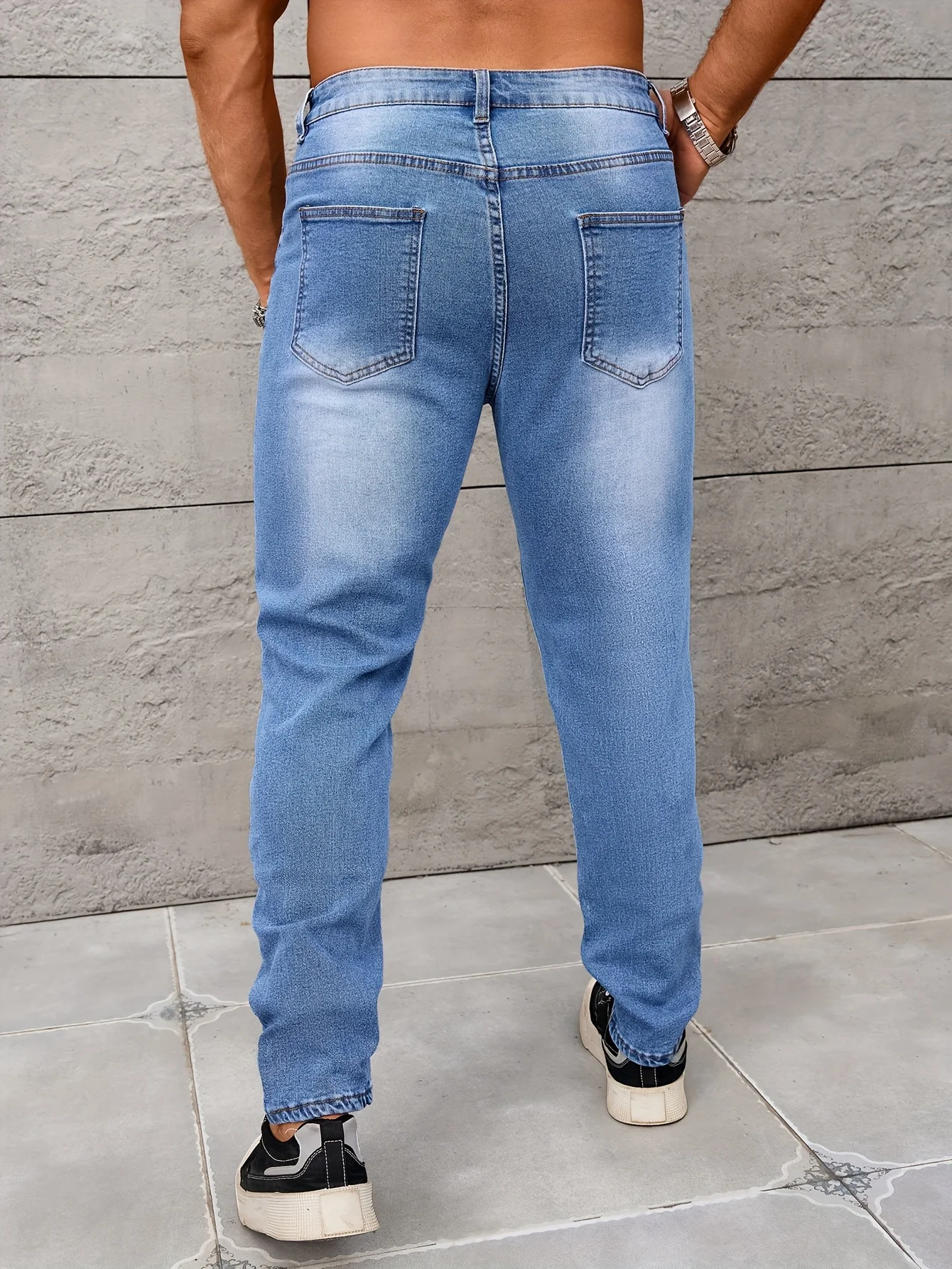 Men's Sky Blue Fashionable Simple Ripped Denim Trousers with Basic Versatile Design for Work and Daily Wear, Spring and Summer Style Men's Trousers