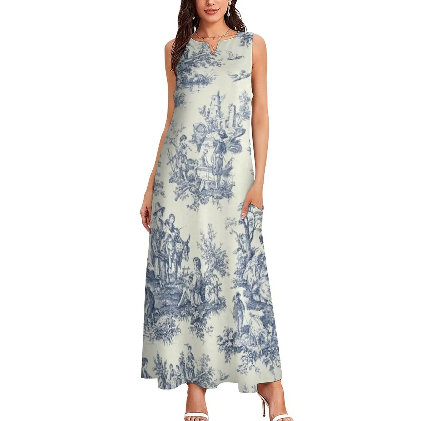 Powder Blue French Toile Picnic Designs Long Dress Dress for pregnant women women dresses Dress