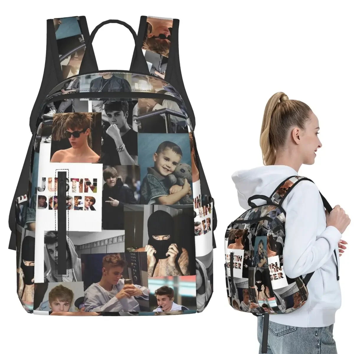 

Justin Bieber Collages Backpack Student Boys Girls BookBag Kids School Bag Laptop Shoulder Bags for Men Women