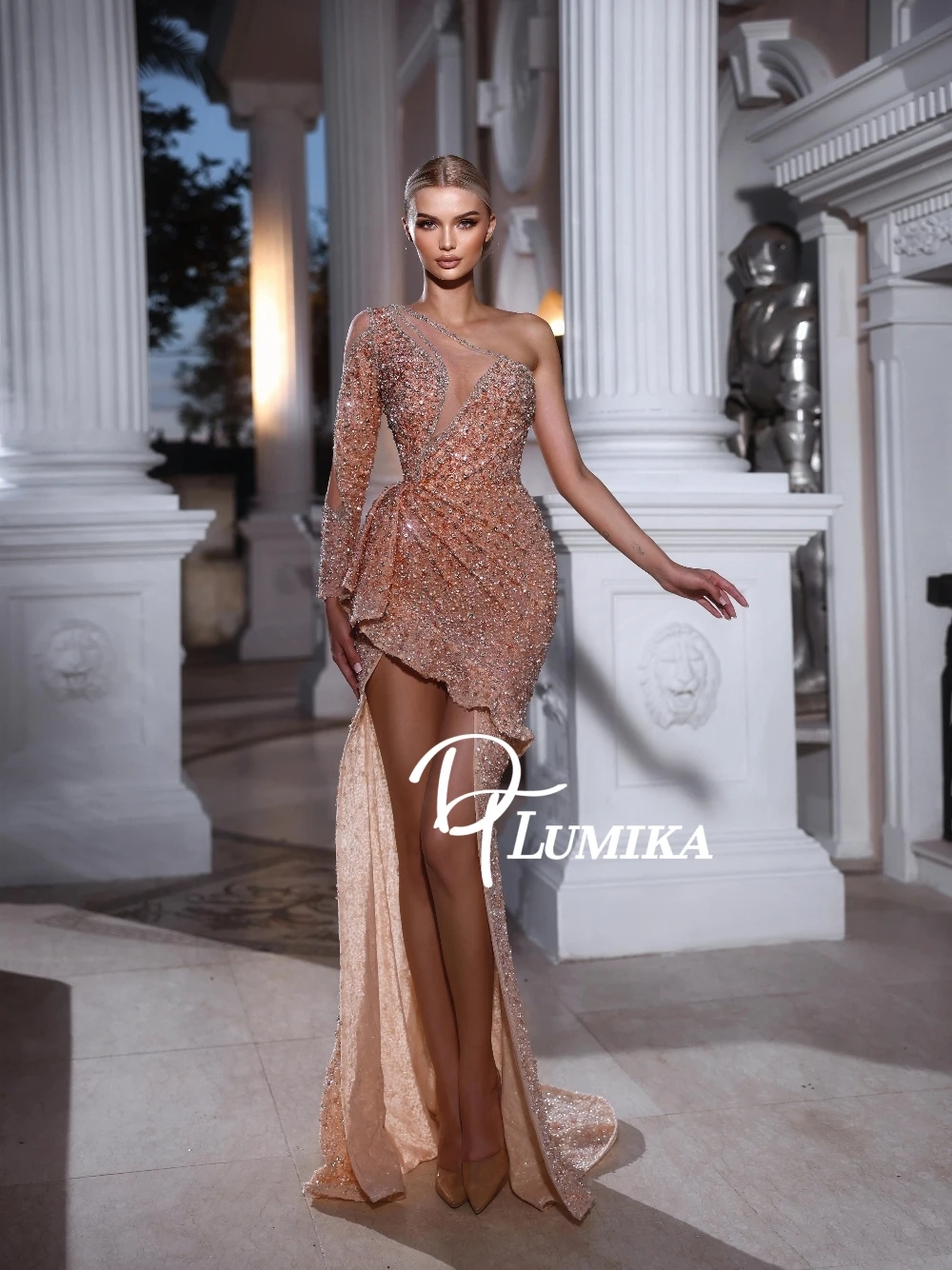 

Sparkly One Shoulder Evening Dress Rose Gold Rhinestone Sheer Panel Sexy High Slit Asymmetrical Train Formal Cocktail Gown